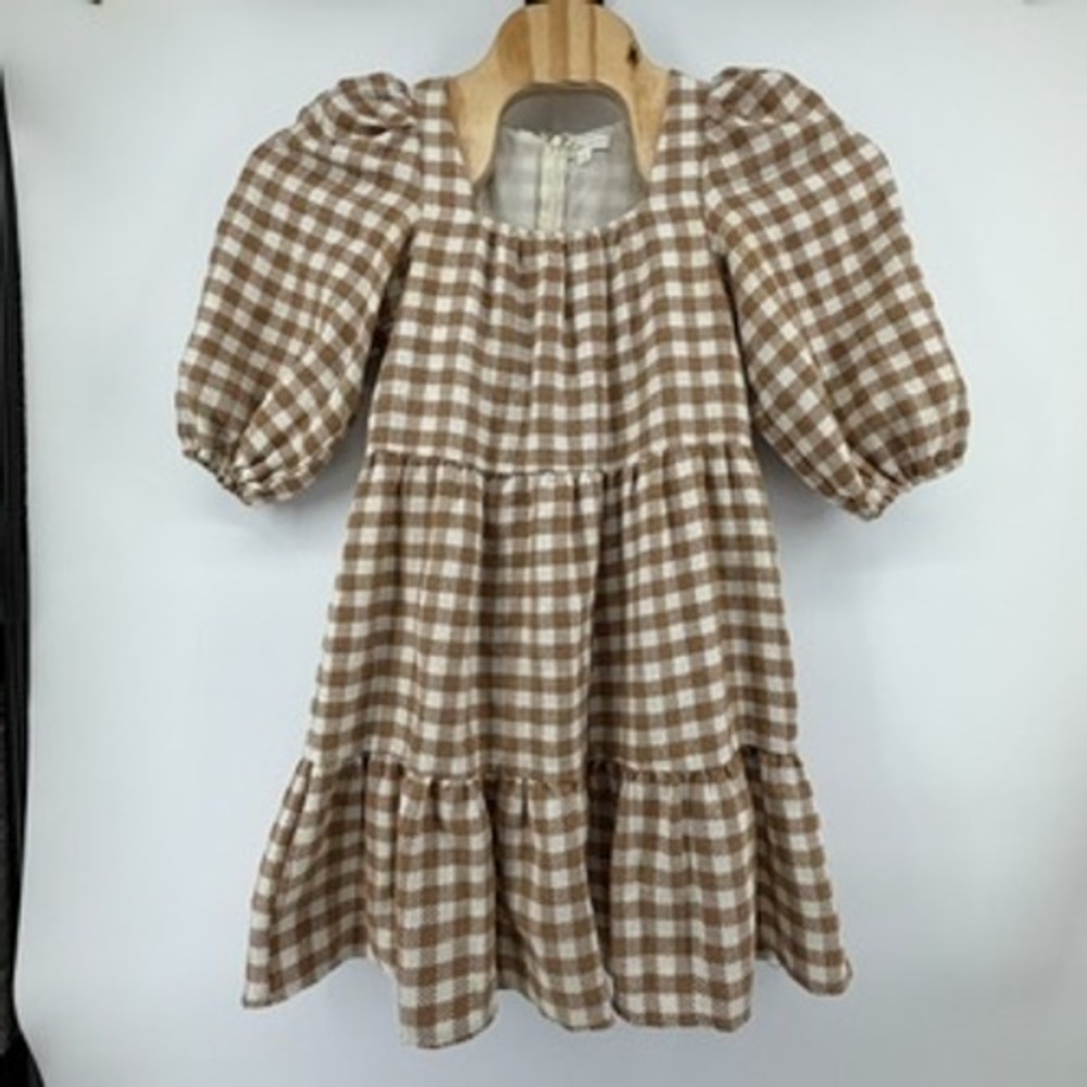 By The River Brown‎ Gingham Puff Sleeve Tiered Babydoll Mini Dress S B1FD1013